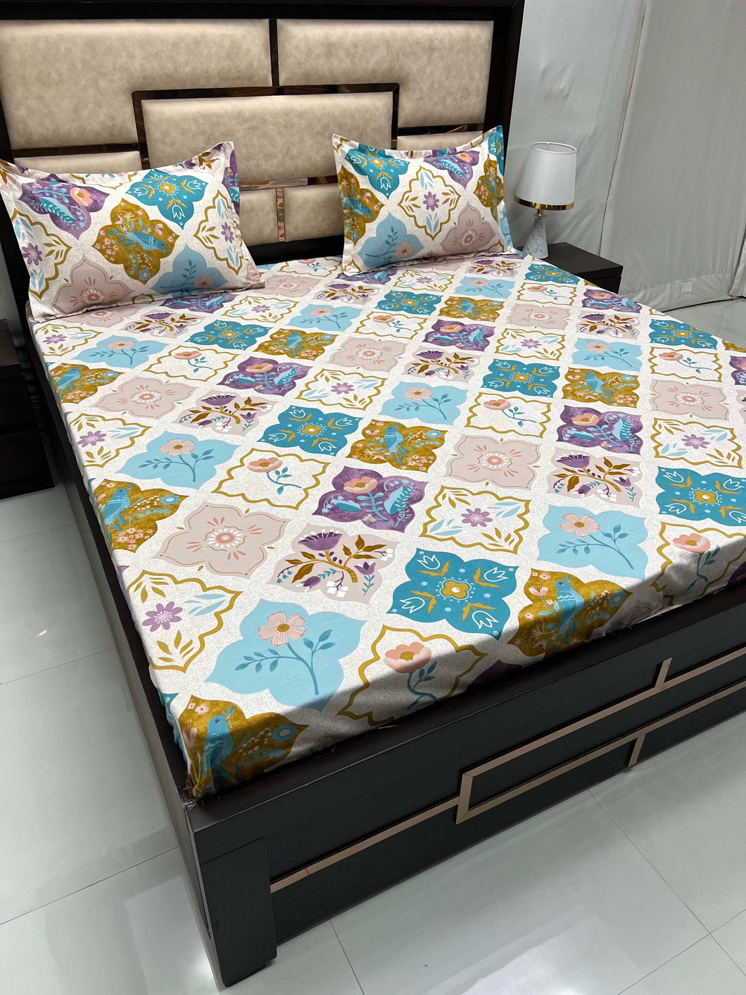 A-3181 - Poly Cotton 130 GSM Queen Size Double Bedsheet (228X254) with Two Pillow Covers (43X68)